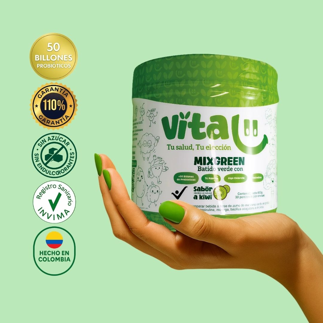 Vitalii MixGreen batido verde en polvo y jugo verde natural con 50 billones de probióticos, té matcha, moringa, chlorella y espirulina, suplemento saludable con registro INVIMA para digestión, desinflamación y energía