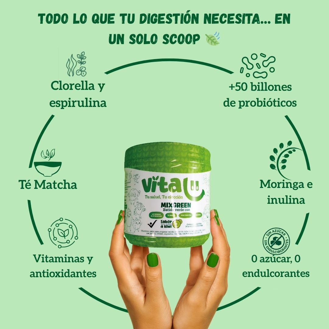 Vitalii MixGreen batido verde en polvo y jugo verde natural con 50 billones de probióticos, té matcha, moringa, chlorella y espirulina, suplemento saludable con registro INVIMA para digestión, desinflamación y energía