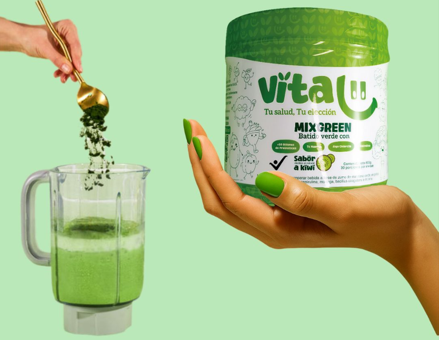 Vitalii MixGreen batido verde en polvo y jugo verde natural con 50 billones de probióticos, té matcha, moringa, chlorella y espirulina, suplemento saludable con registro INVIMA para digestión, desinflamación y energía