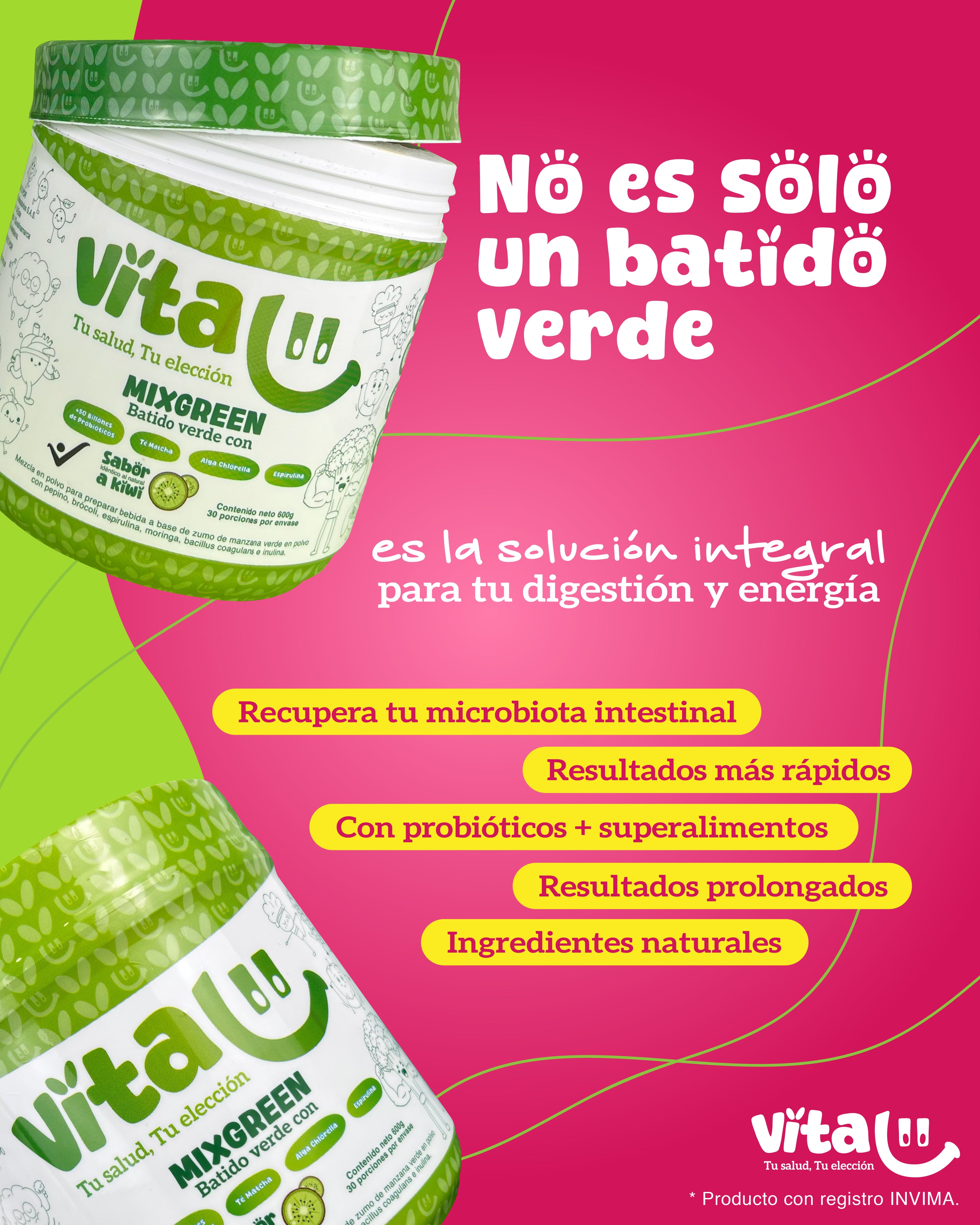 Vitalii MixGreen batido verde en polvo y jugo verde natural con 50 billones de probióticos, té matcha, moringa, chlorella y espirulina, suplemento saludable con registro INVIMA para digestión, desinflamación y energía
