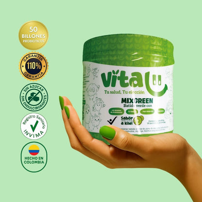 Vitalii MixGreen batido verde en polvo y jugo verde natural con 50 billones de probióticos, té matcha, moringa, chlorella y espirulina, suplemento saludable con registro INVIMA para digestión, desinflamación y energía