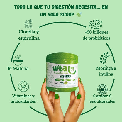 Vitalii MixGreen batido verde en polvo y jugo verde natural con 50 billones de probióticos, té matcha, moringa, chlorella y espirulina, suplemento saludable con registro INVIMA para digestión, desinflamación y energía